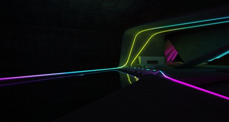 Abstract architectural concrete interior of a minimalist house with colored neon lighting. 3D illustration and rendering.