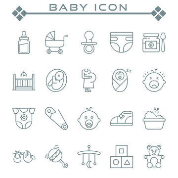 Collection of baby related vector outline icons. Contains icons such as stroller, milk bottle, pacifiers, clothes, shoes and others.