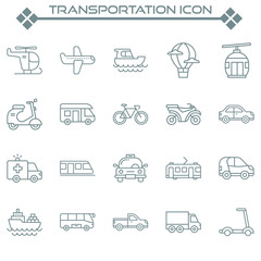 Set of Transportation Related Vector Line Icons. Contains such Icons as planes, trains, buses, cars, ships, motorbikes and more