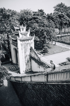 Temple in vietnam with young woman