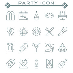 Set of party Related Vector Line Icons. Contains such as Icons as gifts, tarts, beer, sound and more.