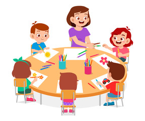 happy cute little kids boy and girl draw with teacher