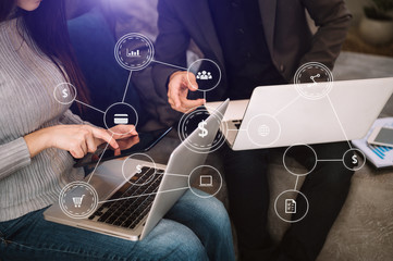 Co working process, team working.Coding software developer work with AR new design dashboard computer icons.team business concept