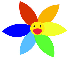 Happy flower emoji. Smiling flower emoticon with petals in the colors of rainbow. 