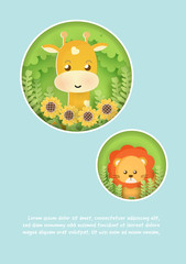 baby shower card with cute giraffe and lion in the forest . paper cut style . 