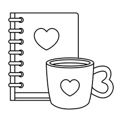 notebook with heart and cup coffee isolated icon