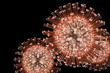 Coronavirus (CoV). Virus cell in microscope. 3D rendering.