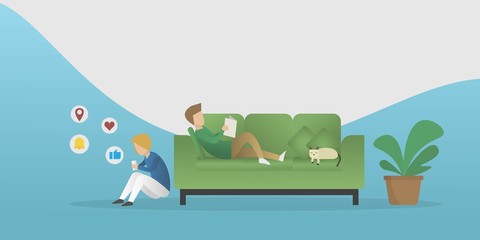  Fomo and Jomo concept.fear of missing out,Man lying and reading book on sofa,Woman play smartphone side the sofa.vector illustration