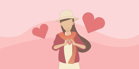 woman or girl making heart sign with hands,Her face smile happy.vector illustration