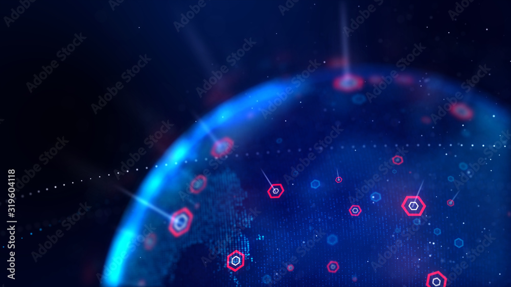 Poster abstract background dot blue world map with hexagon shape for a cyber futuristic concept shallow dep