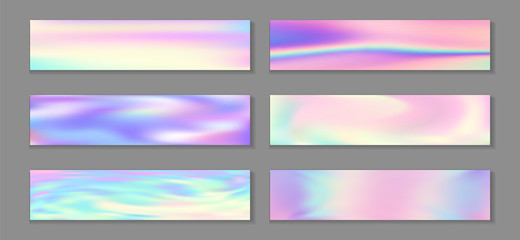 Hologram luminous banner horizontal fluid gradient mermaid backgrounds vector set. Iridescent 