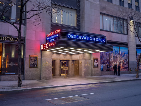 New York, New York - March 29, 2018: Entrance to the Observation deck of the Rockefeller Center. The Rockefeller Center is one of the most famous office complexes and a major tourist attraction.