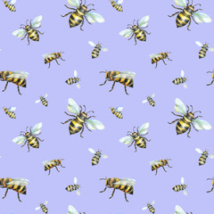 Watercolor seamless pattern with bees.