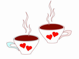 drawn cups of coffee with hearts for Valentine's Day