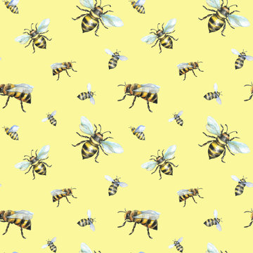 Watercolor seamless pattern with bees.