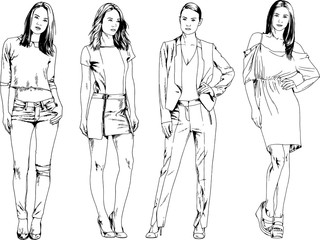 vector drawings on the theme of beautiful slim sporty girl in casual clothes in various poses painted ink hand sketch with no background