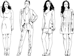 vector drawings on the theme of beautiful slim sporty girl in casual clothes in various poses painted ink hand sketch with no background