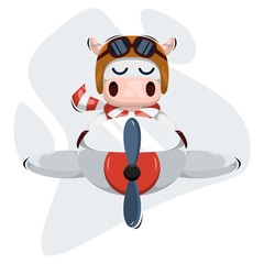 Cute cow with plane cartoon design vector