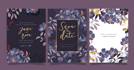 Navy Blue Luxury Wedding Invitation, floral invite thank you, rsvp modern card Design in gold flower with  leaf greenery  branches decorative Vector elegant rustic template