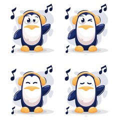 Cute penguin listening music mascot cartoon