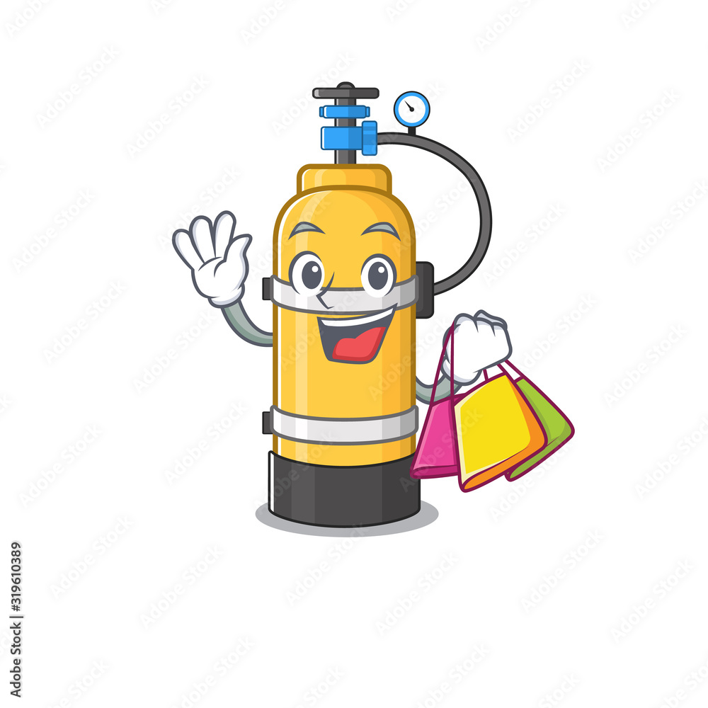 Sticker A happy rich oxygen cylinder waving and holding Shopping bag