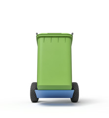 3d rendering of green trash can on blue hand truck.