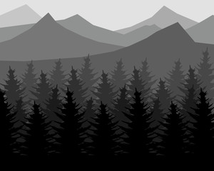 Landscape background in monotone with mountain and forest 
