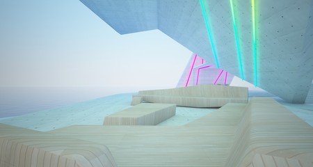 Abstract architectural concrete, wood and glass interior of a modern villa  with colored neon lighting. 3D illustration and rendering.
