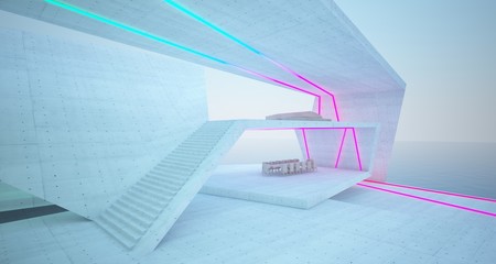 Abstract architectural concrete, wood and glass interior of a modern villa  with colored neon lighting. 3D illustration and rendering.