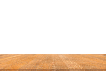 Wood table top isolated on white background. Used for product placement or montage.