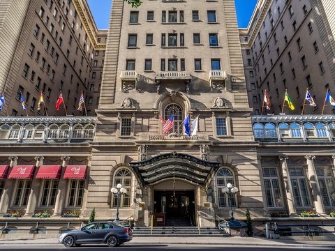 External facade of the landmark Fairmont Palliser Hotel on July 1, 2014 in Calgary, Alberta. The Fairmont Palliser Hotel is Calgary's oldest and most prestigious hotel.