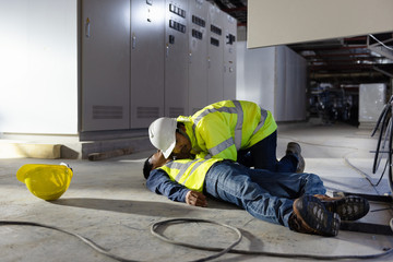 Check Response and pulse, Life-saving and rescue methods. Accident at work of electrician job or...