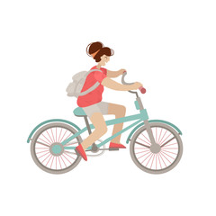 Fototapeta na wymiar Cute girl ride a city bike. Smiling happy woman on a bicycle, vector illustration, doing summer sport activities, isolated on white background