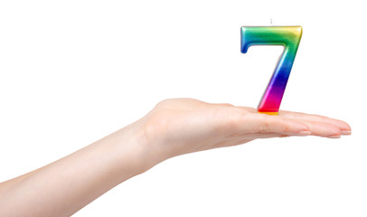 Number 7 candle, rainbow colored for birthday cake.