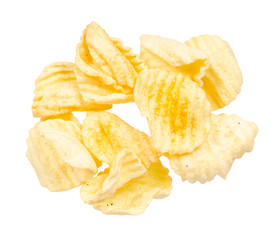 Yellow corrugated potato chips. Isolated on white.