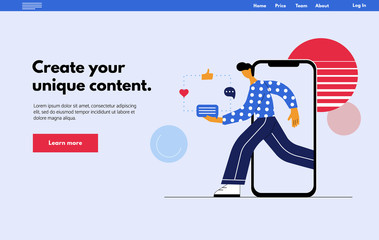 Online social marketing influencer concept - Web page. Young man goes from smartphone with promo massage for his followers.  Flat vector illustration in trendy cartoon style. 