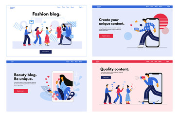 Set of web pages - Online social marketing influencer concept. Social media blogger promotion service for followers.  Flat vector illustration in trendy cartoon style.