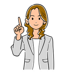 人差し指を立てて説明する、グレーのジャケットを着たビジネスウーマンの上半身