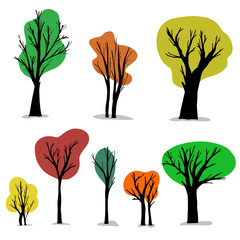Set of isolated trees and colorful leaves on a white background. Hand drawn vector illustrations. Nature concept