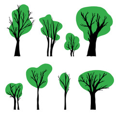 Set of isolated trees and green leaves on a white background. Hand drawn vector illustrations. Nature concept.
