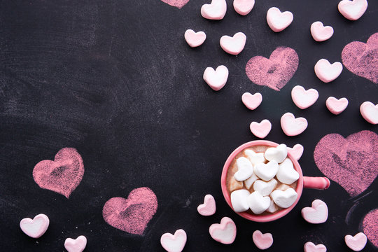 Cup Of Hot Chocolate With A Heart Shaped Marshmallow. 