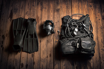 Set of equipment for scuba diving. The concept of sports, recreation, travel.