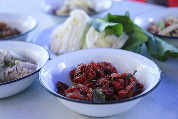 Spicy Raw beef minced meat salad, Northeastern Thailand local food.