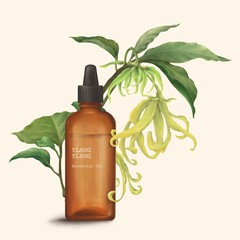 Ylang Ylang essential oil in amber glass bottle. Colourful Ylang Ylang flowers illustration on beige background. Hand drawn illustration. 