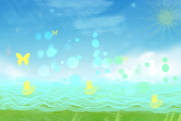 Fototapeta na wymiar Abstract yellow little ducks swim in the turquoise blue lake and butterflies fly in the sky on a sunny nice day. Sun is shining on cloudy sky. Beautiful illustration with space.