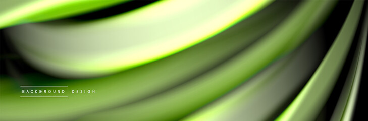 Silk and smooth flow wave poster design. Color waves, liquid style lines and shapes in black color background