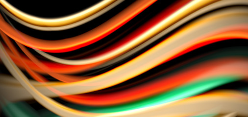 Abstract silk smooth lines on black, multicolored liquid fluid rainbow style waves on black