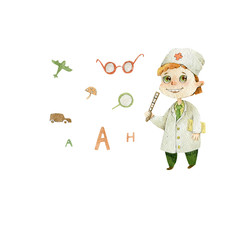 Doctor ophthalmologist children cute character watercolor illustration isolated on  white background 