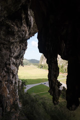 Landscape view of Cuba from inside a stalactite filled cave. 