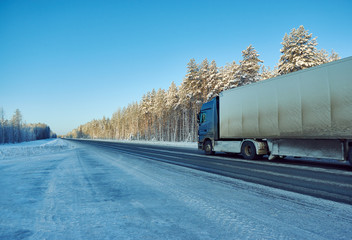 Traffic,  truck on winter road on frosty day